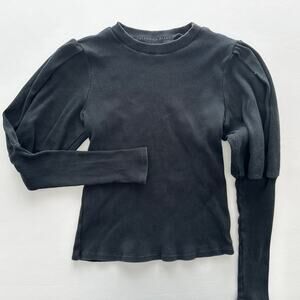 Veronica Beard Black Lyon Puff Sleeve Top Size S Ribbed Cotton Slim Fit